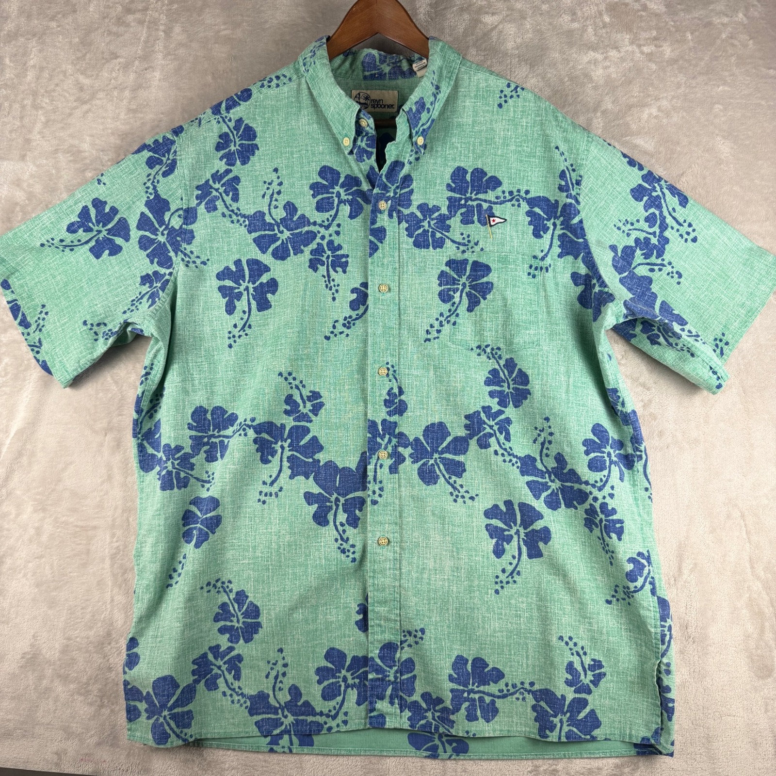 Reyn Spooner Mens Xxl Hawaiian Shirt Seafoam Green Blue Hibiscus Floral Cotton